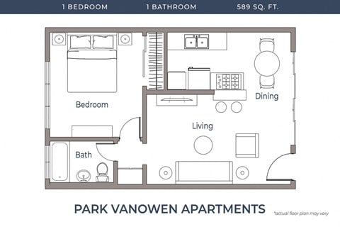 Floor plan for 1 bed, 1 bath, 589 sqft